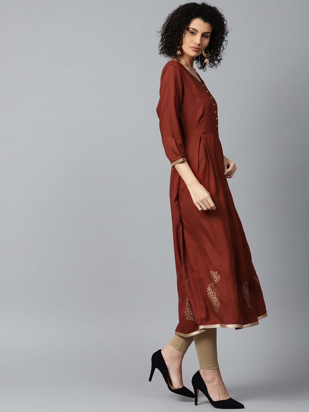 Maroon Block Printed 3/4Th Sleeve Cotton Anarkali Kurta | LASVINI - Redefining Indian Fashion with Elegance