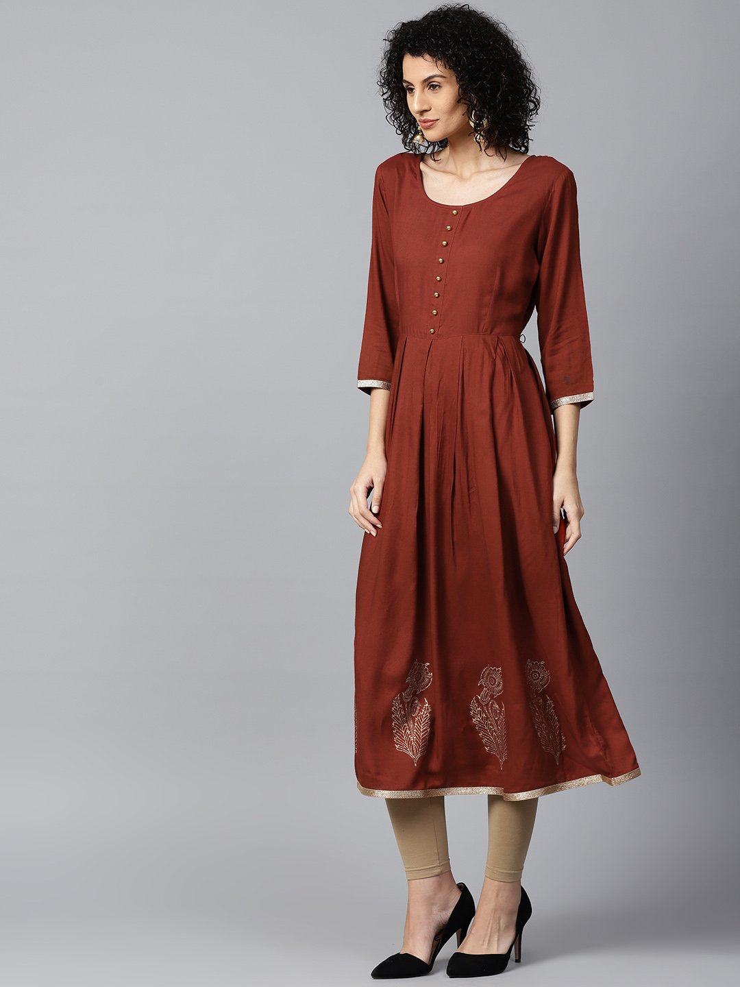 Maroon Block Printed 3/4Th Sleeve Cotton Anarkali Kurta | LASVINI - Redefining Indian Fashion with Elegance