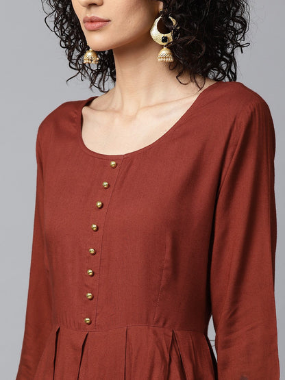 Maroon Block Printed 3/4Th Sleeve Cotton Anarkali Kurta | LASVINI - Redefining Indian Fashion with Elegance