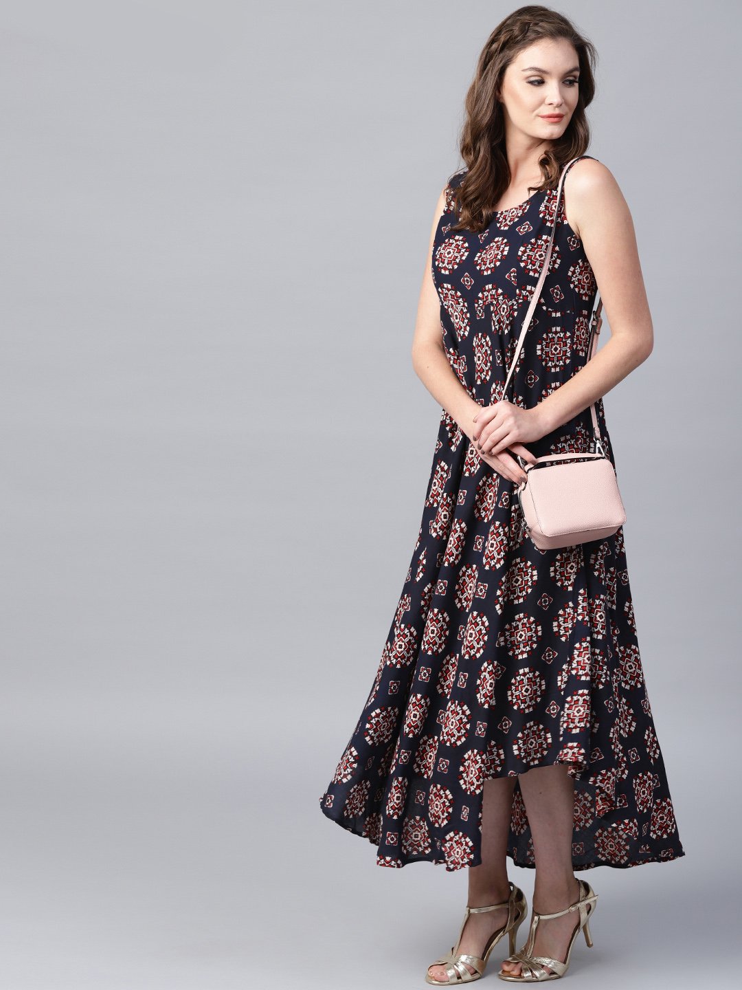 Black Printed Sleeveless Cotton Flared Maxi Dress | LASVINI - Redefining Indian Fashion with Elegance