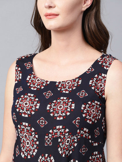 Black Printed Sleeveless Cotton Flared Maxi Dress | LASVINI - Redefining Indian Fashion with Elegance