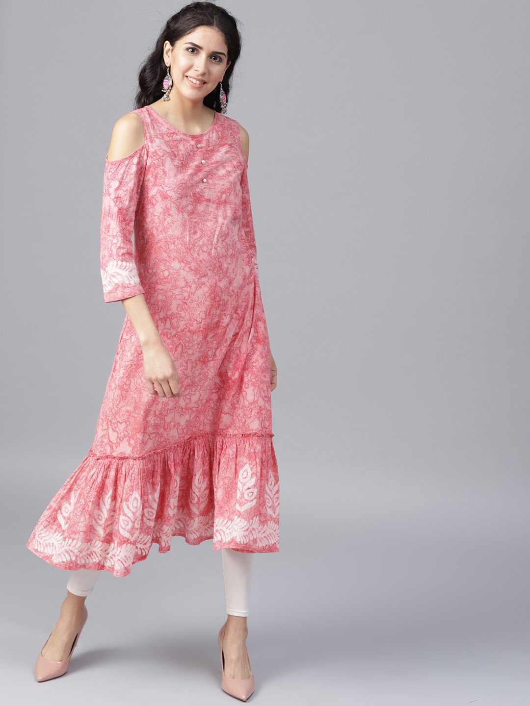 Pink Printed 3/4Th Sleeve Cold Shoulder Cotton A-Line Kurta | LASVINI - Redefining Indian Fashion with Elegance
