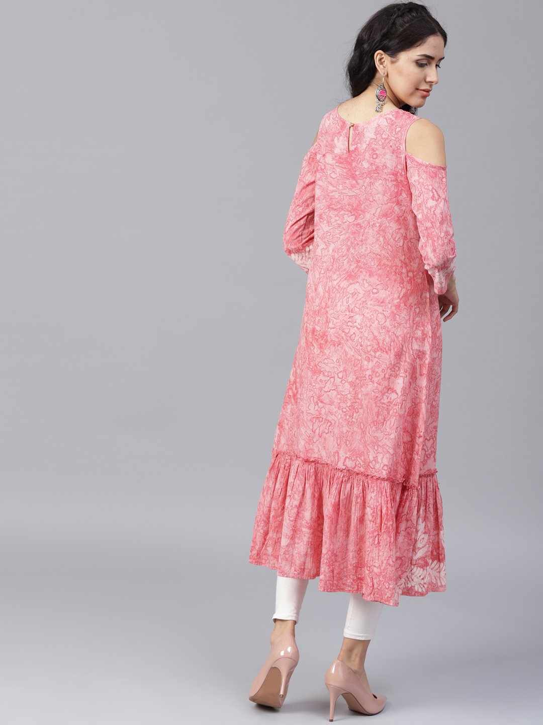 Pink Printed 3/4Th Sleeve Cold Shoulder Cotton A-Line Kurta | LASVINI - Redefining Indian Fashion with Elegance