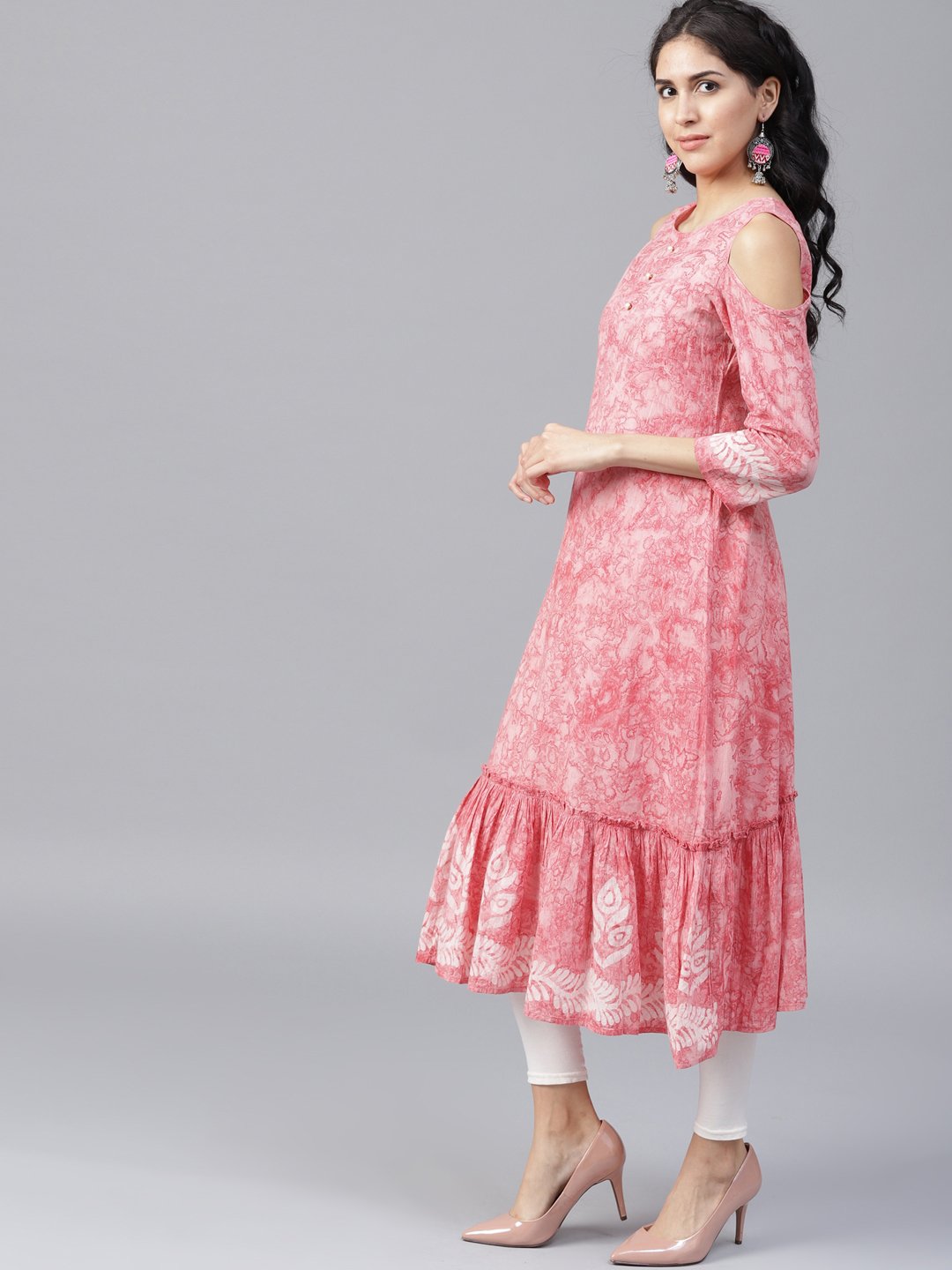Pink Printed 3/4Th Sleeve Cold Shoulder Cotton A-Line Kurta | LASVINI - Redefining Indian Fashion with Elegance