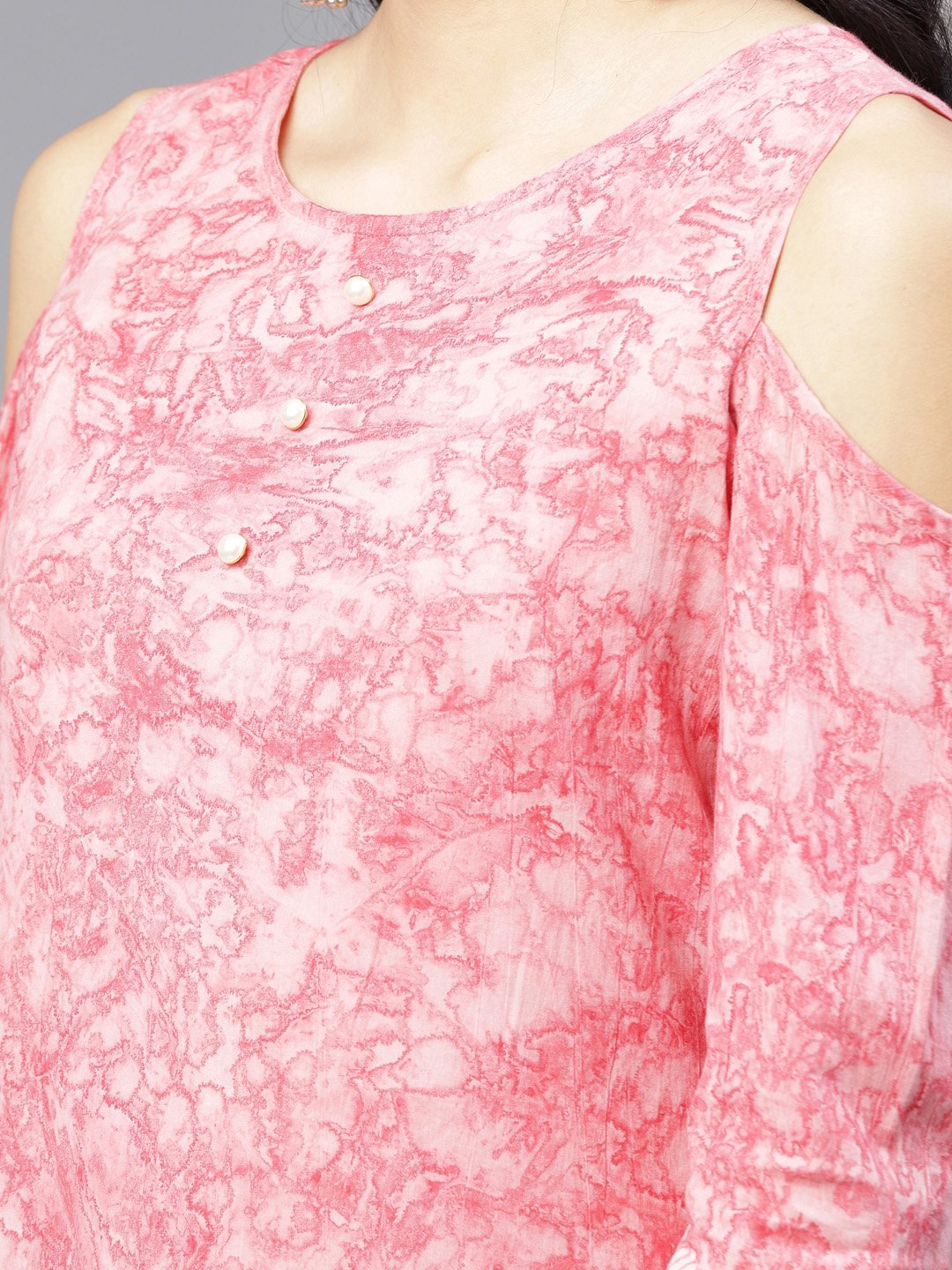 Pink Printed 3/4Th Sleeve Cold Shoulder Cotton A-Line Kurta | LASVINI - Redefining Indian Fashion with Elegance