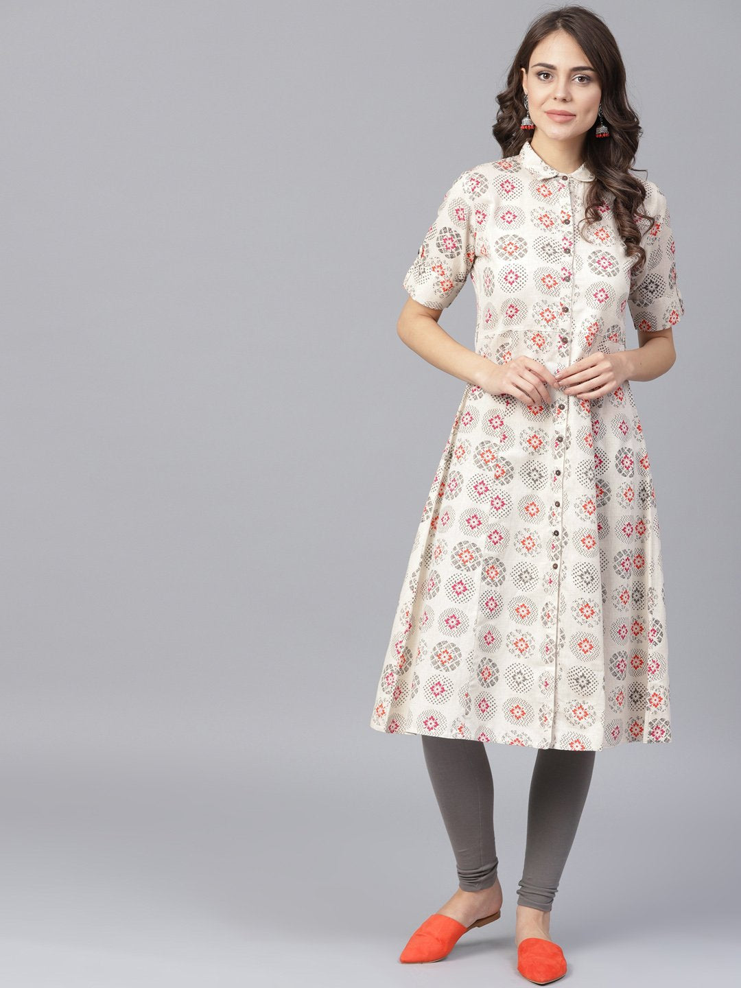 Off White Printed Half Sleeve Front Open Flex A-Line Kurta | LASVINI - Redefining Indian Fashion with Elegance