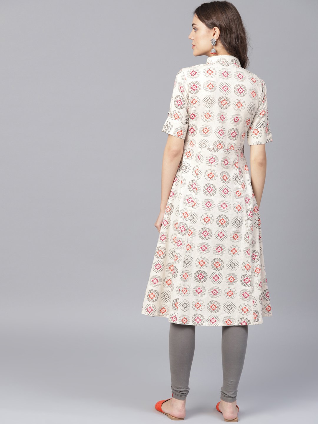 Off White Printed Half Sleeve Front Open Flex A-Line Kurta | LASVINI - Redefining Indian Fashion with Elegance