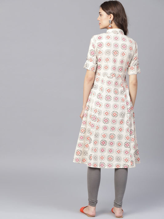 Off White Printed Half Sleeve Front Open Flex A-Line Kurta | LASVINI - Redefining Indian Fashion with Elegance