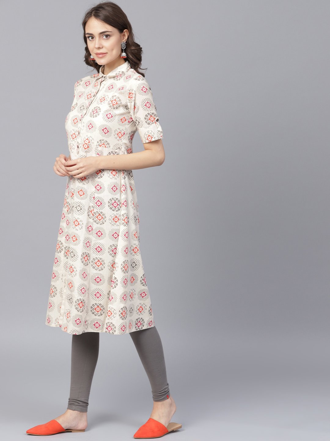 Off White Printed Half Sleeve Front Open Flex A-Line Kurta | LASVINI - Redefining Indian Fashion with Elegance