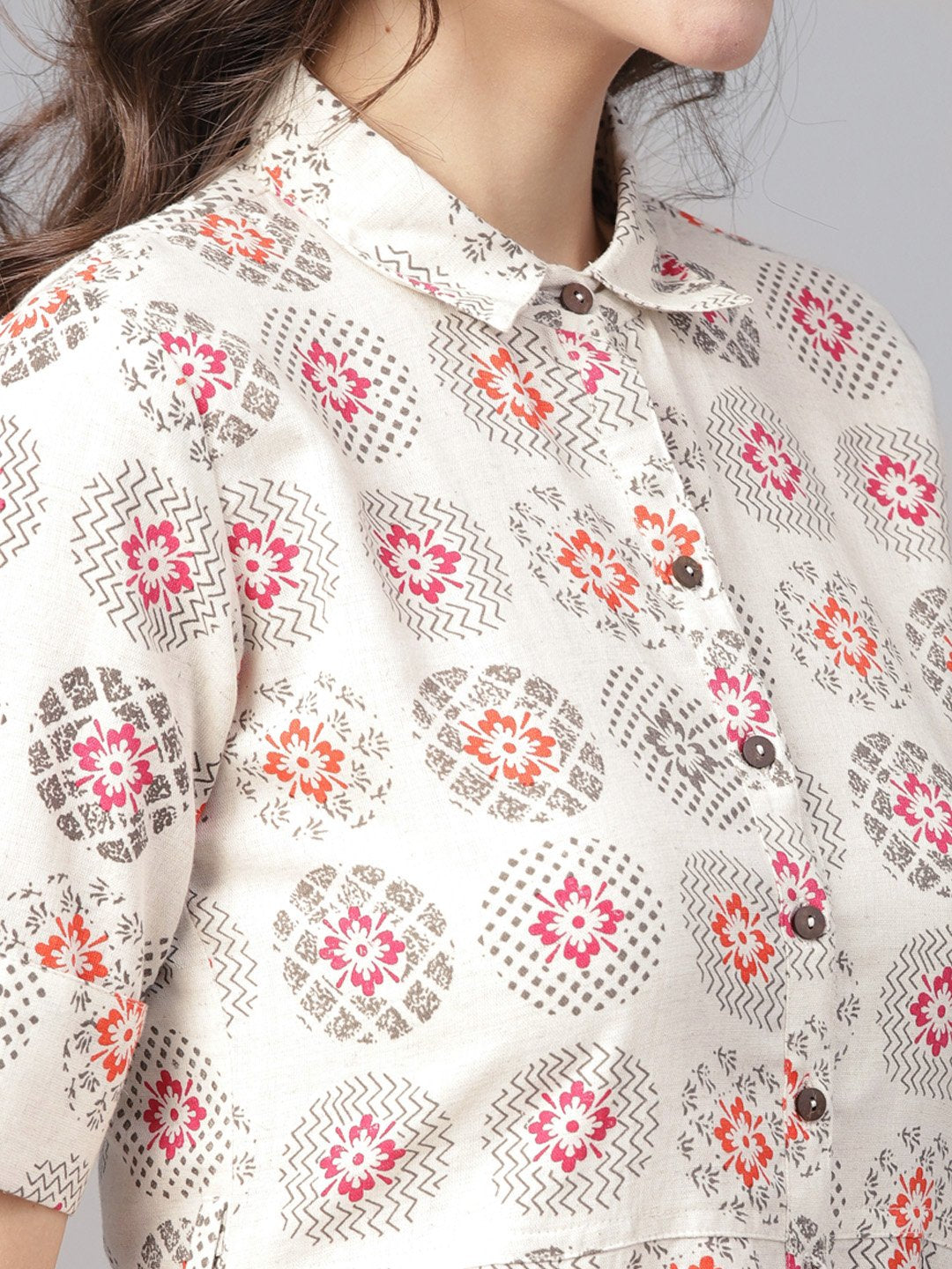 Off White Printed Half Sleeve Front Open Flex A-Line Kurta | LASVINI - Redefining Indian Fashion with Elegance