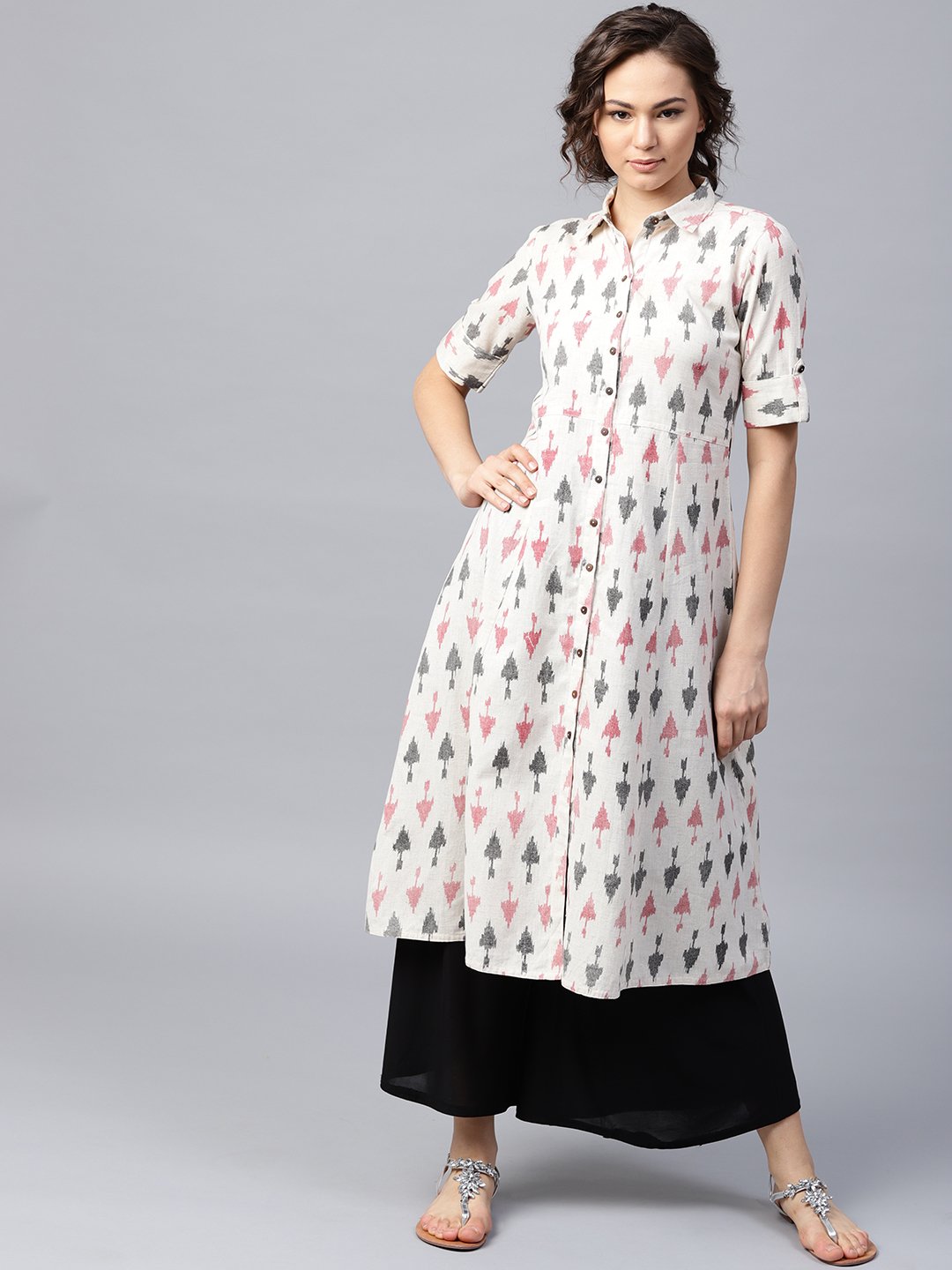 Off White Printed Half Sleeve Front Open Flex A-Line Kurta | LASVINI - Redefining Indian Fashion with Elegance