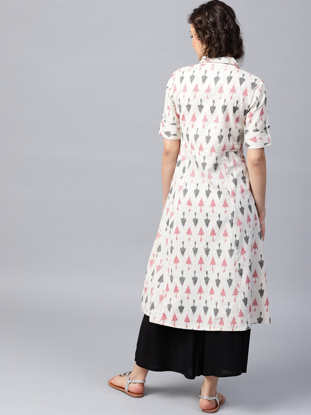Off White Printed Half Sleeve Front Open Flex A-Line Kurta | LASVINI - Redefining Indian Fashion with Elegance