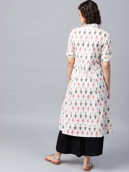 Off White Printed Half Sleeve Front Open Flex A-Line Kurta | LASVINI - Redefining Indian Fashion with Elegance