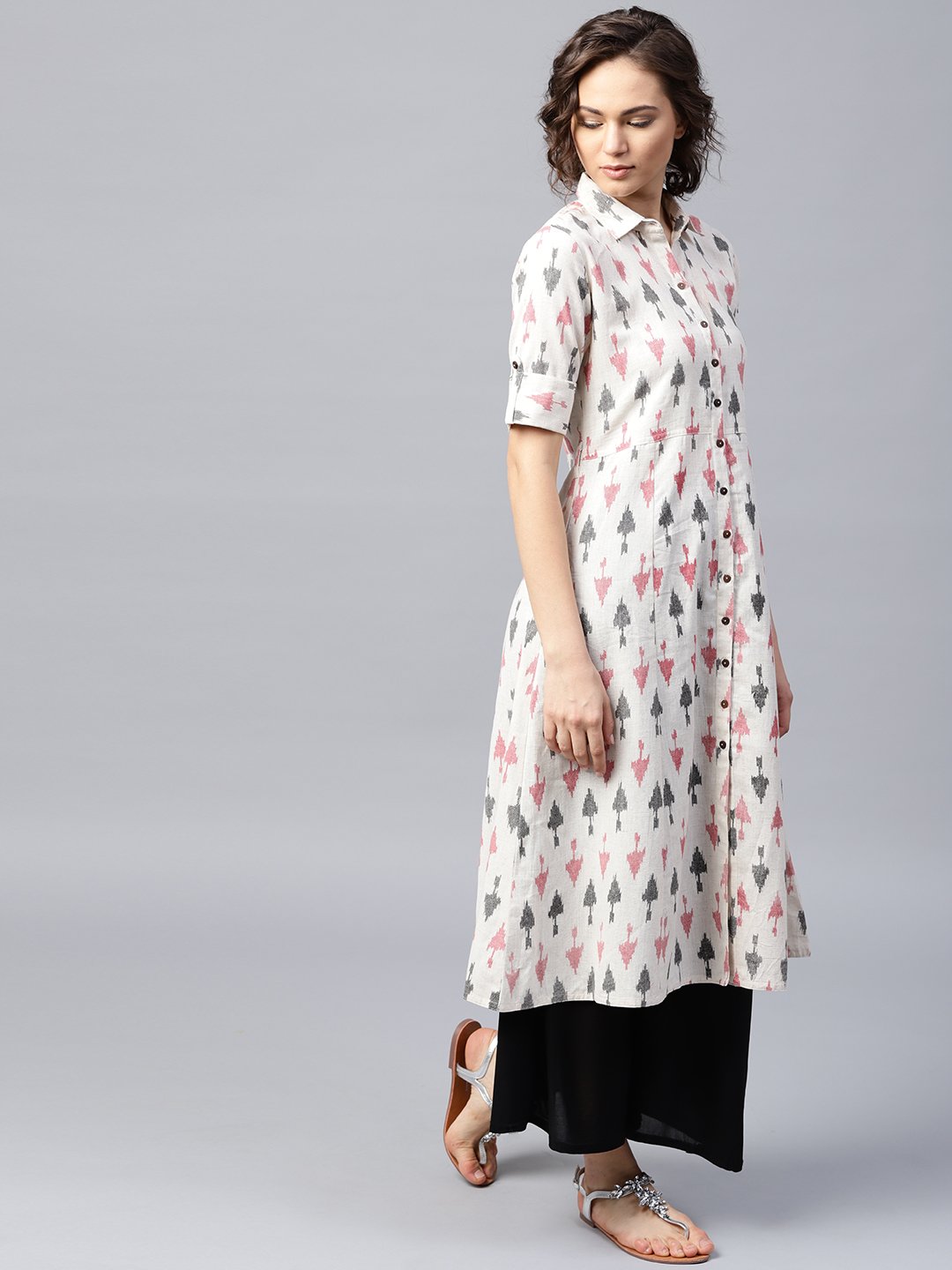 Off White Printed Half Sleeve Front Open Flex A-Line Kurta | LASVINI - Redefining Indian Fashion with Elegance