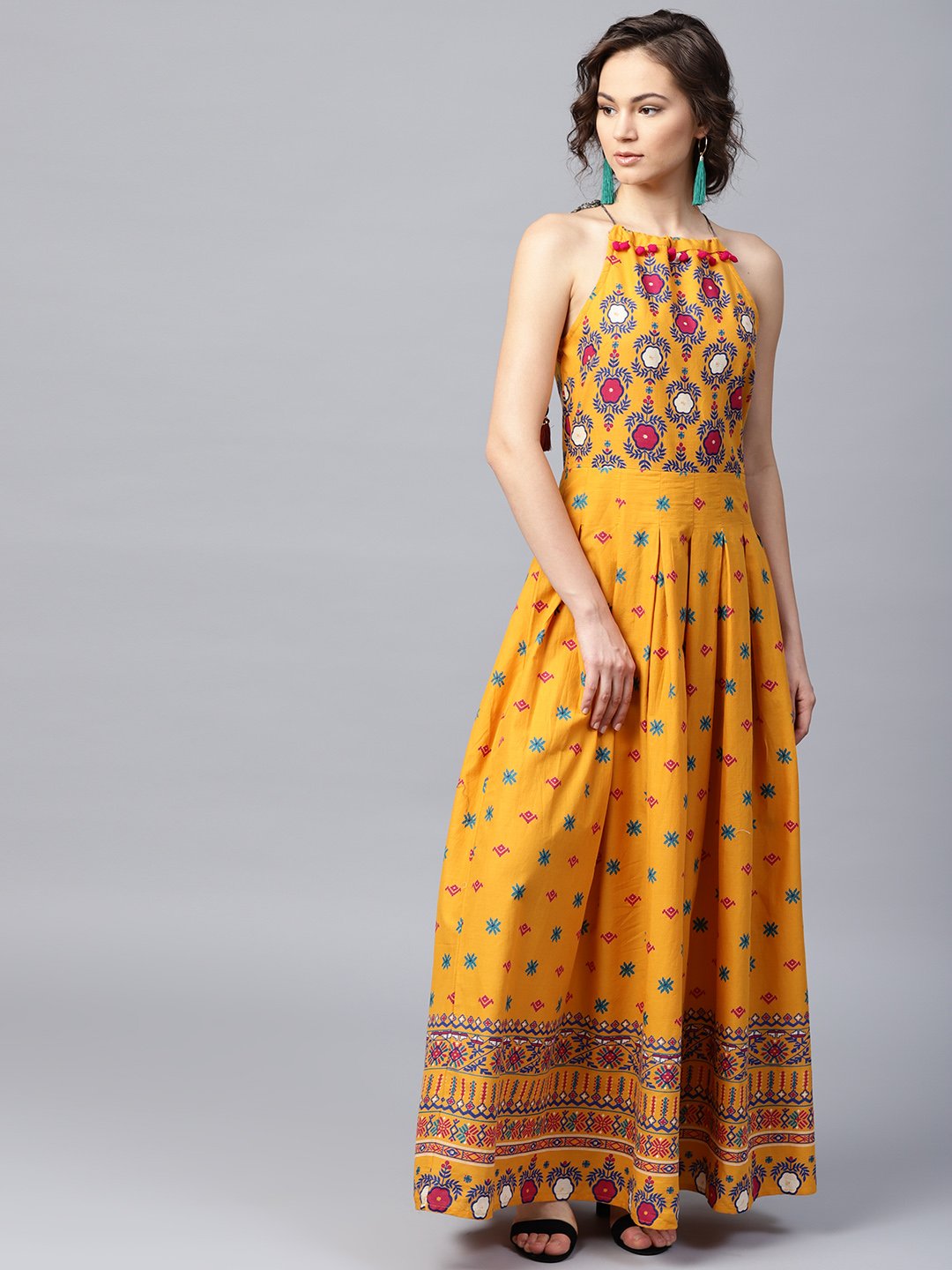 Mustard Printed Sleeveless Cotton Anarkali Kurta | LASVINI - Redefining Indian Fashion with Elegance