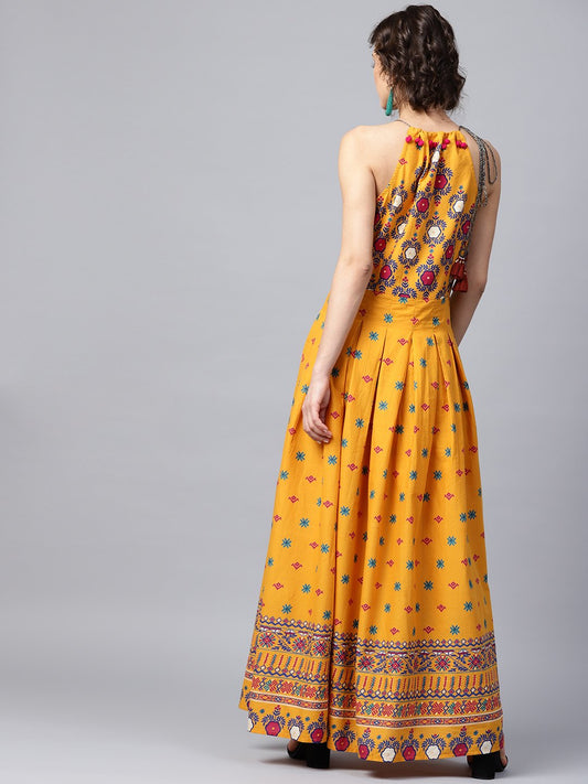 Mustard Printed Sleeveless Cotton Anarkali Kurta | LASVINI - Redefining Indian Fashion with Elegance