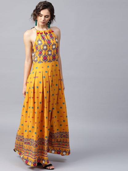 Mustard Printed Sleeveless Cotton Anarkali Kurta | LASVINI - Redefining Indian Fashion with Elegance