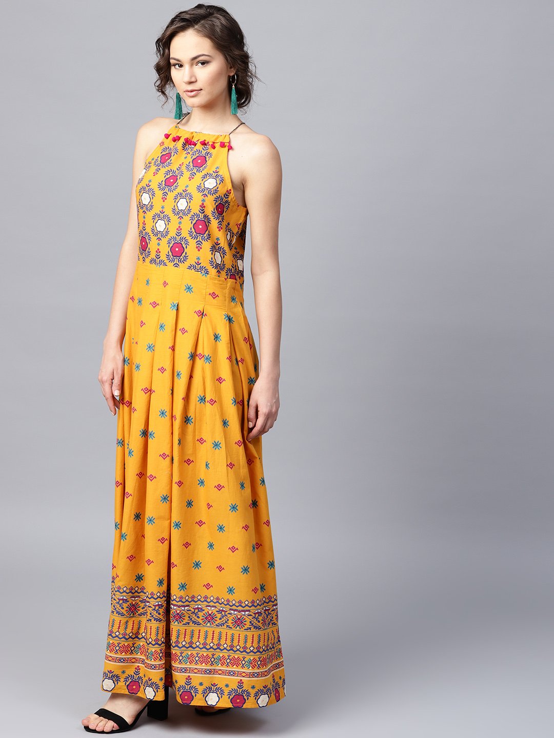 Mustard Printed Sleeveless Cotton Anarkali Kurta | LASVINI - Redefining Indian Fashion with Elegance