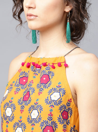 Mustard Printed Sleeveless Cotton Anarkali Kurta | LASVINI - Redefining Indian Fashion with Elegance