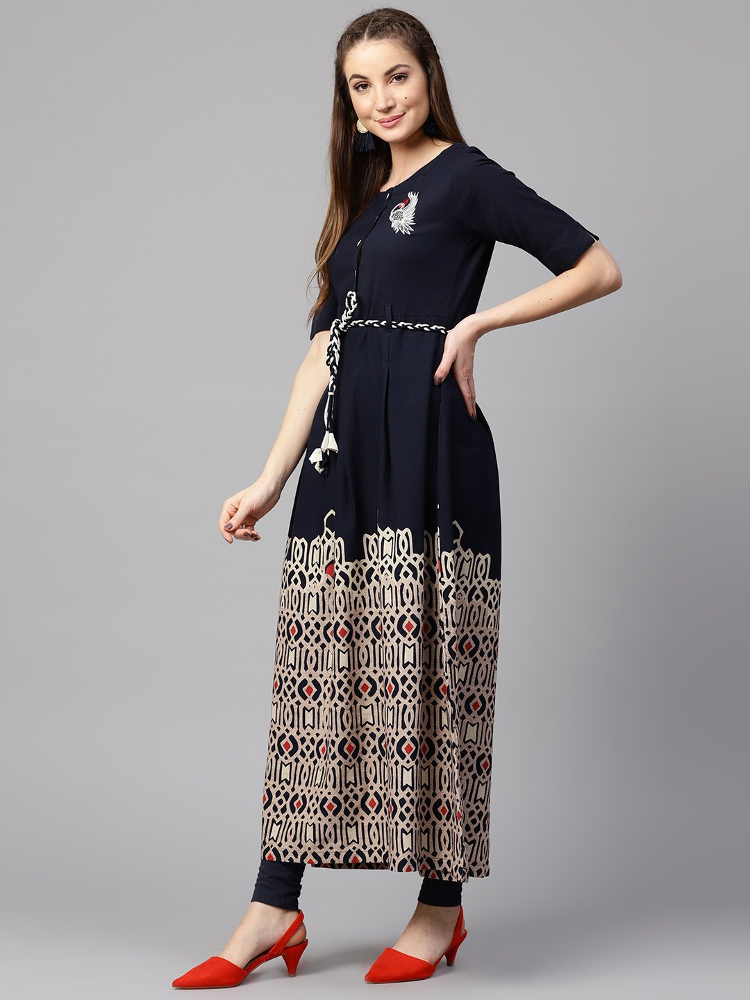 Blue Printed Half Sleeve Flex Anarkali Kurta | LASVINI - Redefining Indian Fashion with Elegance