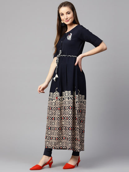 Blue Printed Half Sleeve Flex Anarkali Kurta | LASVINI - Redefining Indian Fashion with Elegance