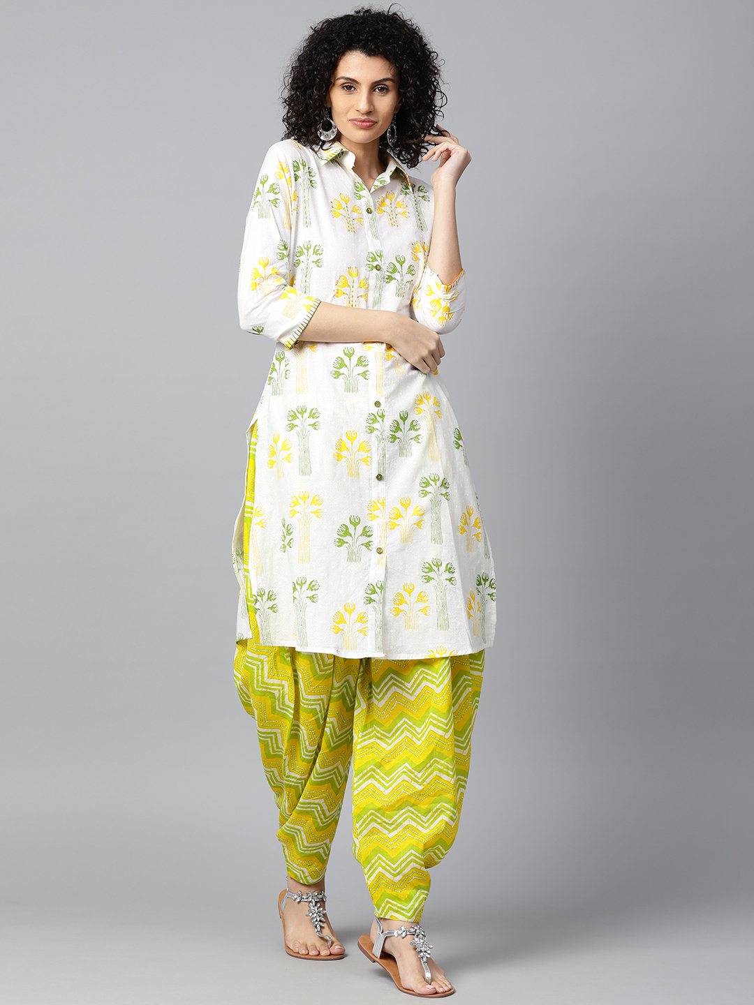 Off White Printed 3/4Th Sleeve Cotton Kurta With Green Printed Patialla Salwar | LASVINI - Redefining Indian Fashion with Elegance