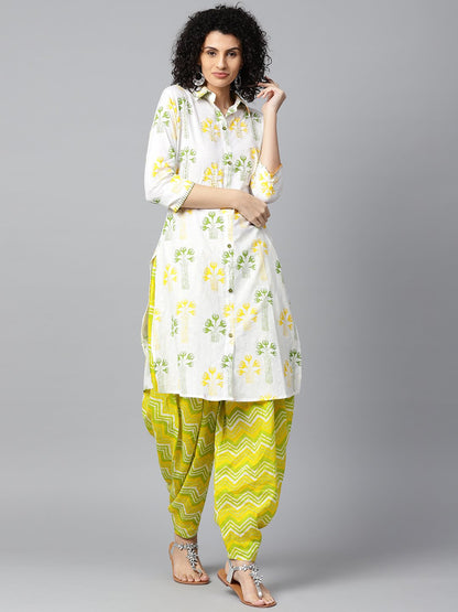 Off White Printed 3/4Th Sleeve Cotton Kurta With Green Printed Patialla Salwar | LASVINI - Redefining Indian Fashion with Elegance