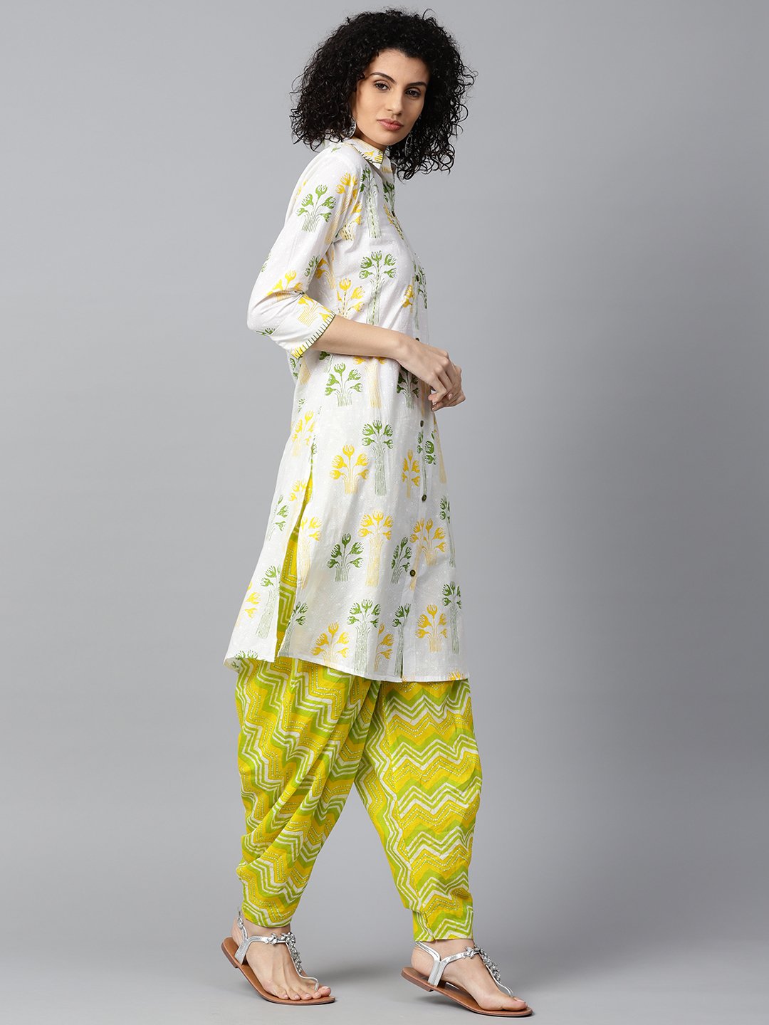 Off White Printed 3/4Th Sleeve Cotton Kurta With Green Printed Patialla Salwar | LASVINI - Redefining Indian Fashion with Elegance