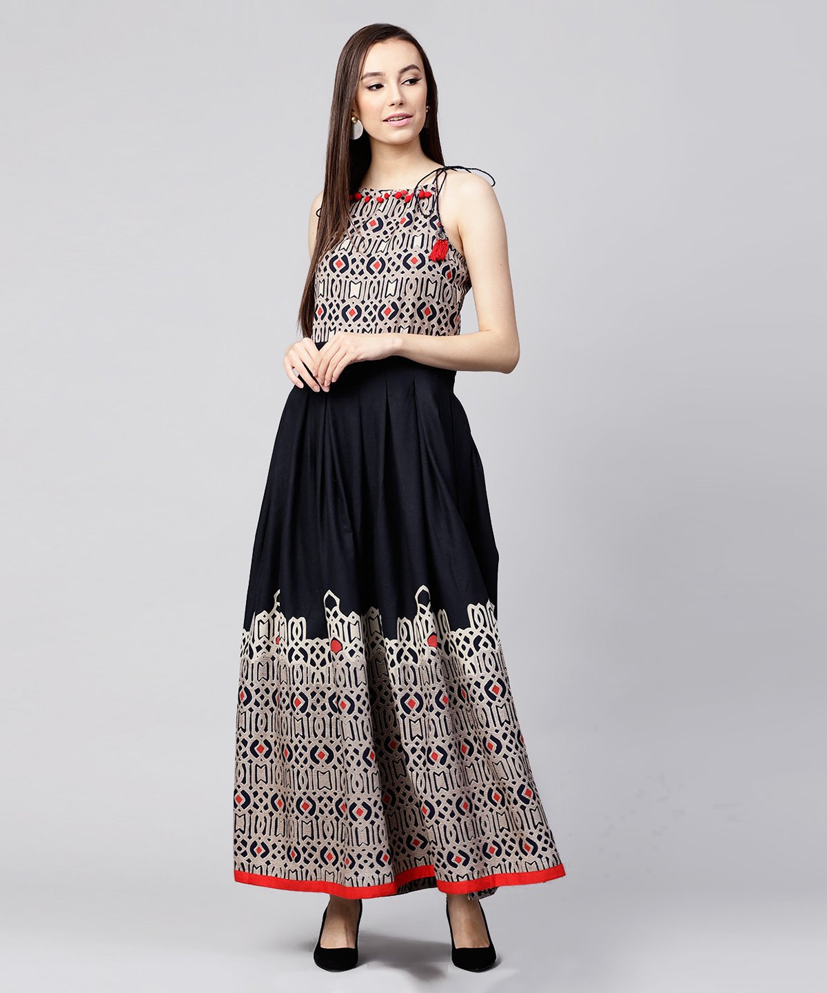 Navy Blue Printed Sleeveless Flex Anarkali Kurta | LASVINI - Redefining Indian Fashion with Elegance