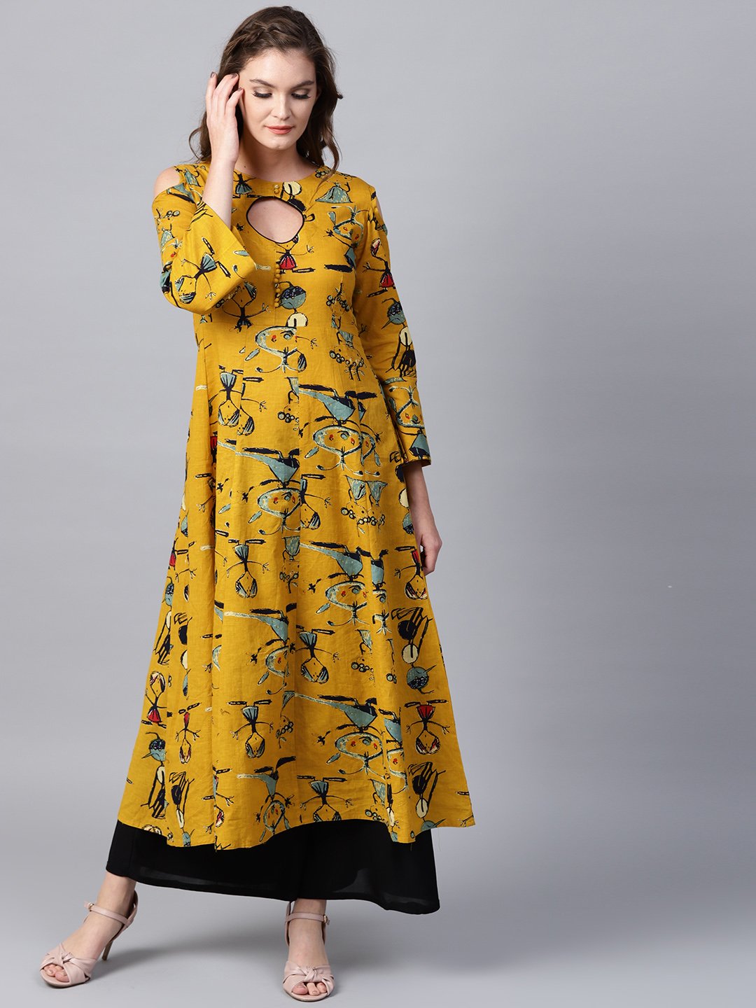 Mustard Printed 3/4Th Sleeve Cold Shoulder Anarkali Kurta | LASVINI - Redefining Indian Fashion with Elegance
