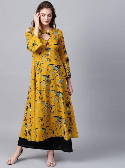 Mustard Printed 3/4Th Sleeve Cold Shoulder Anarkali Kurta | LASVINI - Redefining Indian Fashion with Elegance