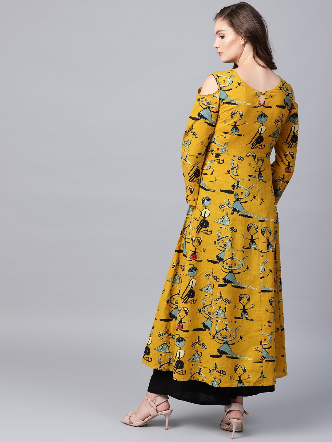 Mustard Printed 3/4Th Sleeve Cold Shoulder Anarkali Kurta | LASVINI - Redefining Indian Fashion with Elegance