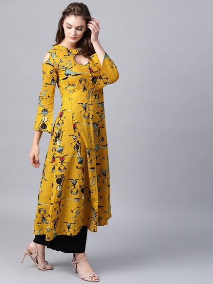 Mustard Printed 3/4Th Sleeve Cold Shoulder Anarkali Kurta | LASVINI - Redefining Indian Fashion with Elegance