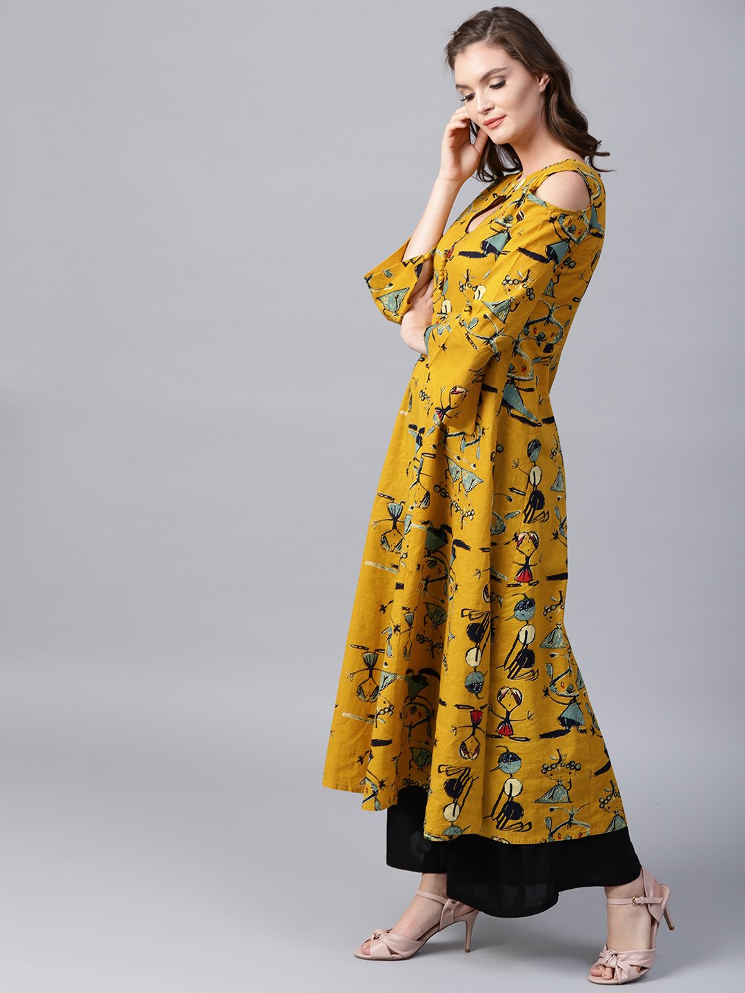 Mustard Printed 3/4Th Sleeve Cold Shoulder Anarkali Kurta | LASVINI - Redefining Indian Fashion with Elegance