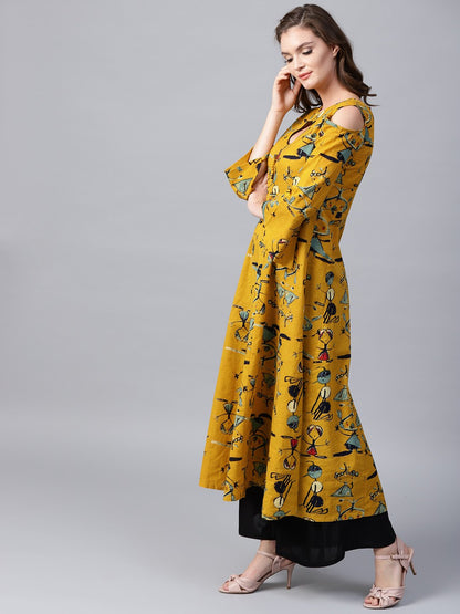 Mustard Printed 3/4Th Sleeve Cold Shoulder Anarkali Kurta | LASVINI - Redefining Indian Fashion with Elegance