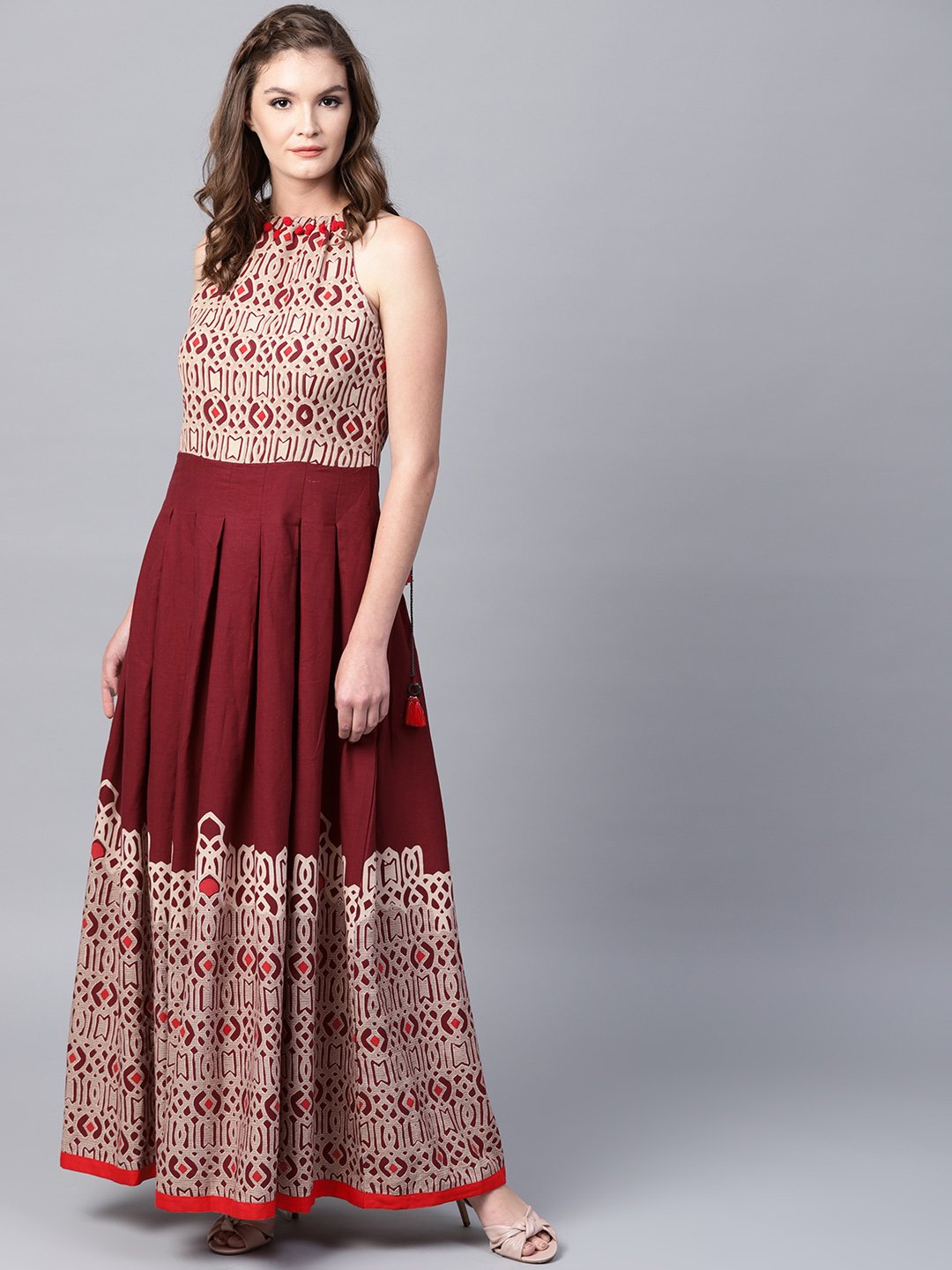 Maroon Printed Sleeveless Flex Anarkali Kurta | LASVINI - Redefining Indian Fashion with Elegance