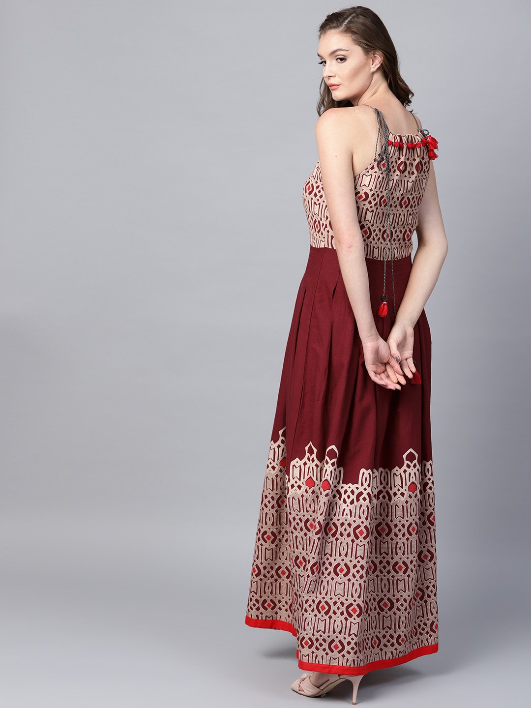 Maroon Printed Sleeveless Flex Anarkali Kurta | LASVINI - Redefining Indian Fashion with Elegance