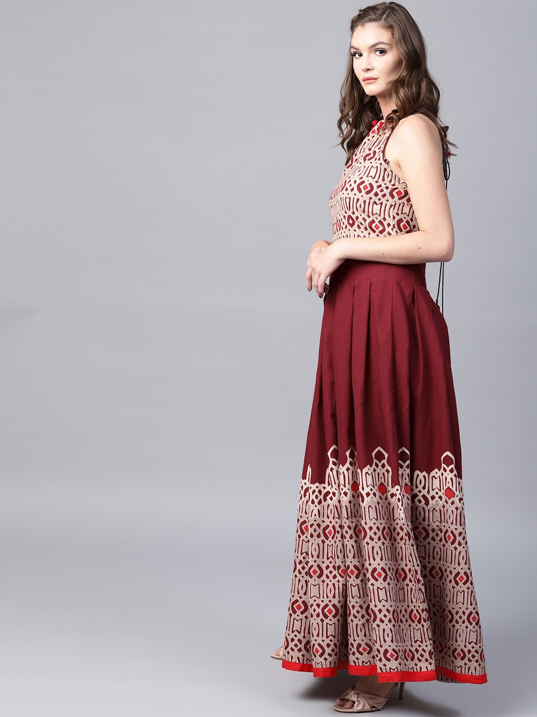 Maroon Printed Sleeveless Flex Anarkali Kurta | LASVINI - Redefining Indian Fashion with Elegance