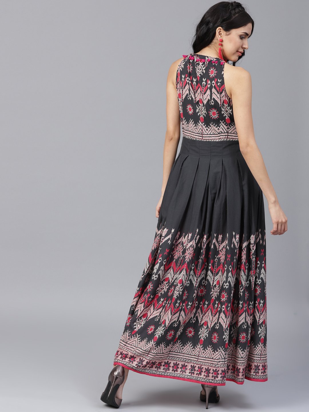 Navy Blue Printed Sleeveless Voile Anarkali Kurta | LASVINI - Redefining Indian Fashion with Elegance