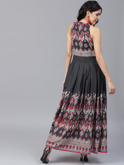 Navy Blue Printed Sleeveless Voile Anarkali Kurta | LASVINI - Redefining Indian Fashion with Elegance