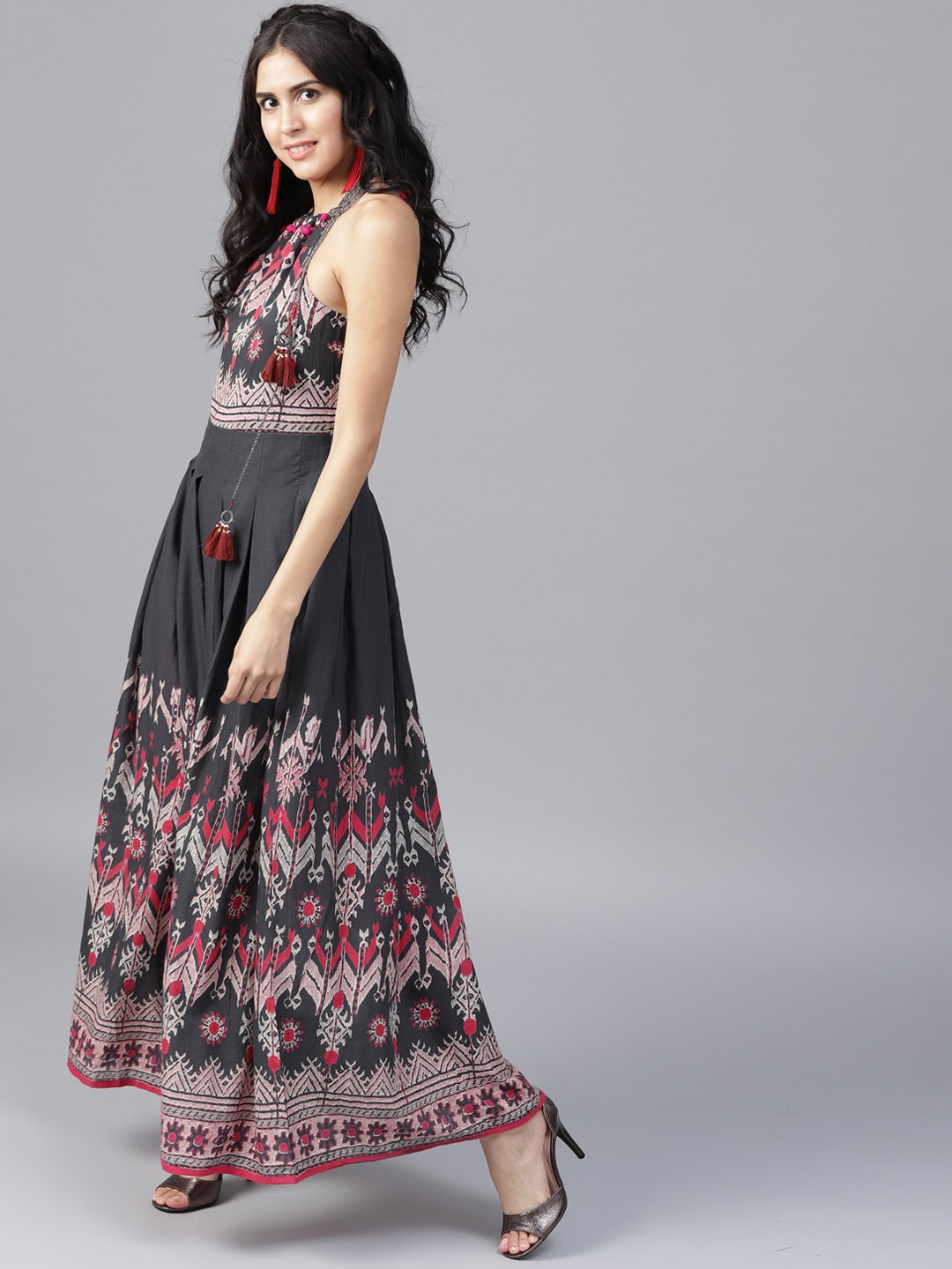 Navy Blue Printed Sleeveless Voile Anarkali Kurta | LASVINI - Redefining Indian Fashion with Elegance