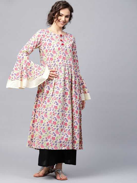 Green Printed Full Sleeve Cotton Anarkali Kurta | LASVINI - Redefining Indian Fashion with Elegance