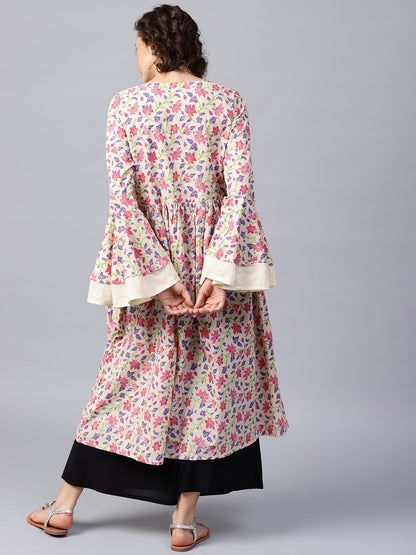 Green Printed Full Sleeve Cotton Anarkali Kurta | LASVINI - Redefining Indian Fashion with Elegance