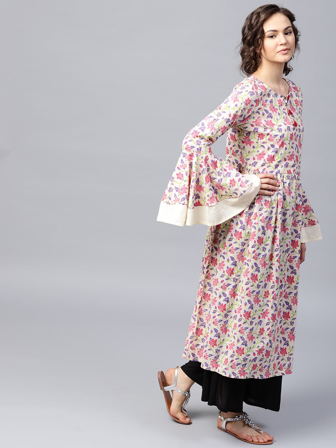 Green Printed Full Sleeve Cotton Anarkali Kurta | LASVINI - Redefining Indian Fashion with Elegance