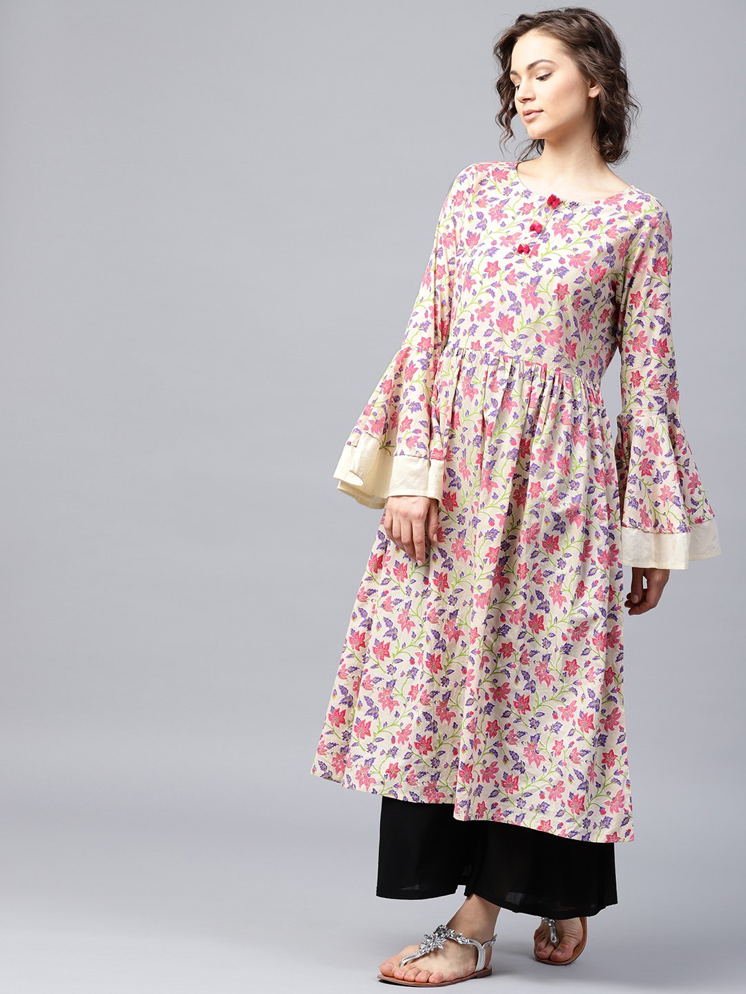 Green Printed Full Sleeve Cotton Anarkali Kurta | LASVINI - Redefining Indian Fashion with Elegance