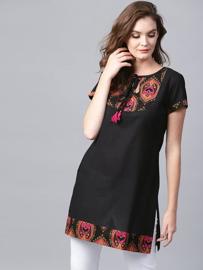 Black Yoke Printed Half Sleeve Cotton Tunic | LASVINI - Redefining Indian Fashion with Elegance