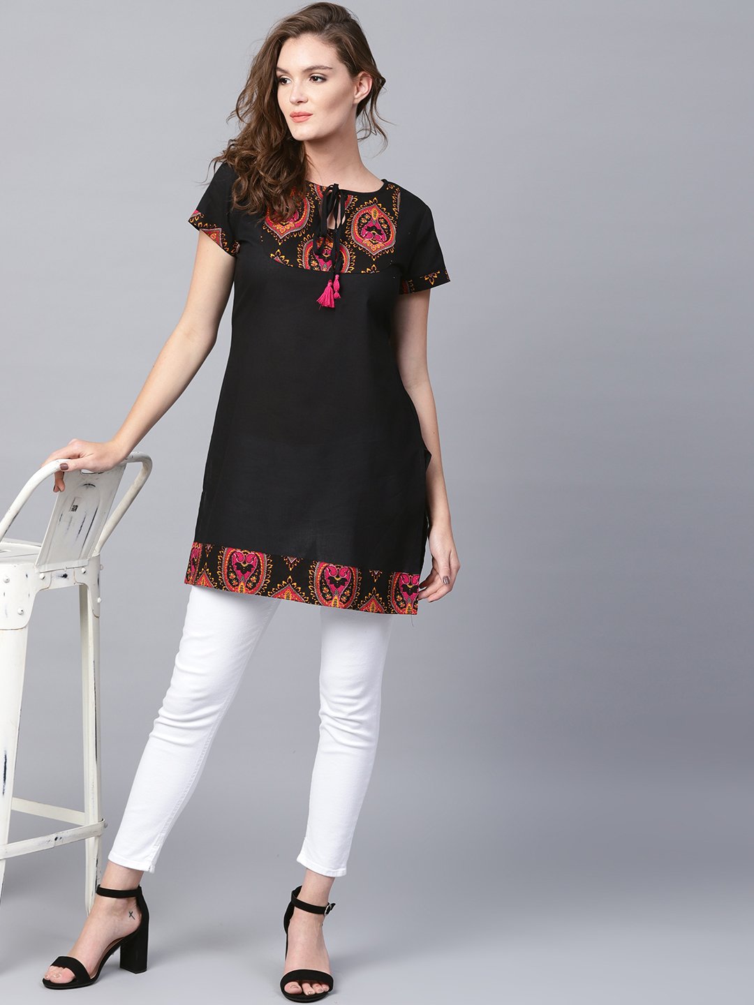 Black Yoke Printed Half Sleeve Cotton Tunic | LASVINI - Redefining Indian Fashion with Elegance