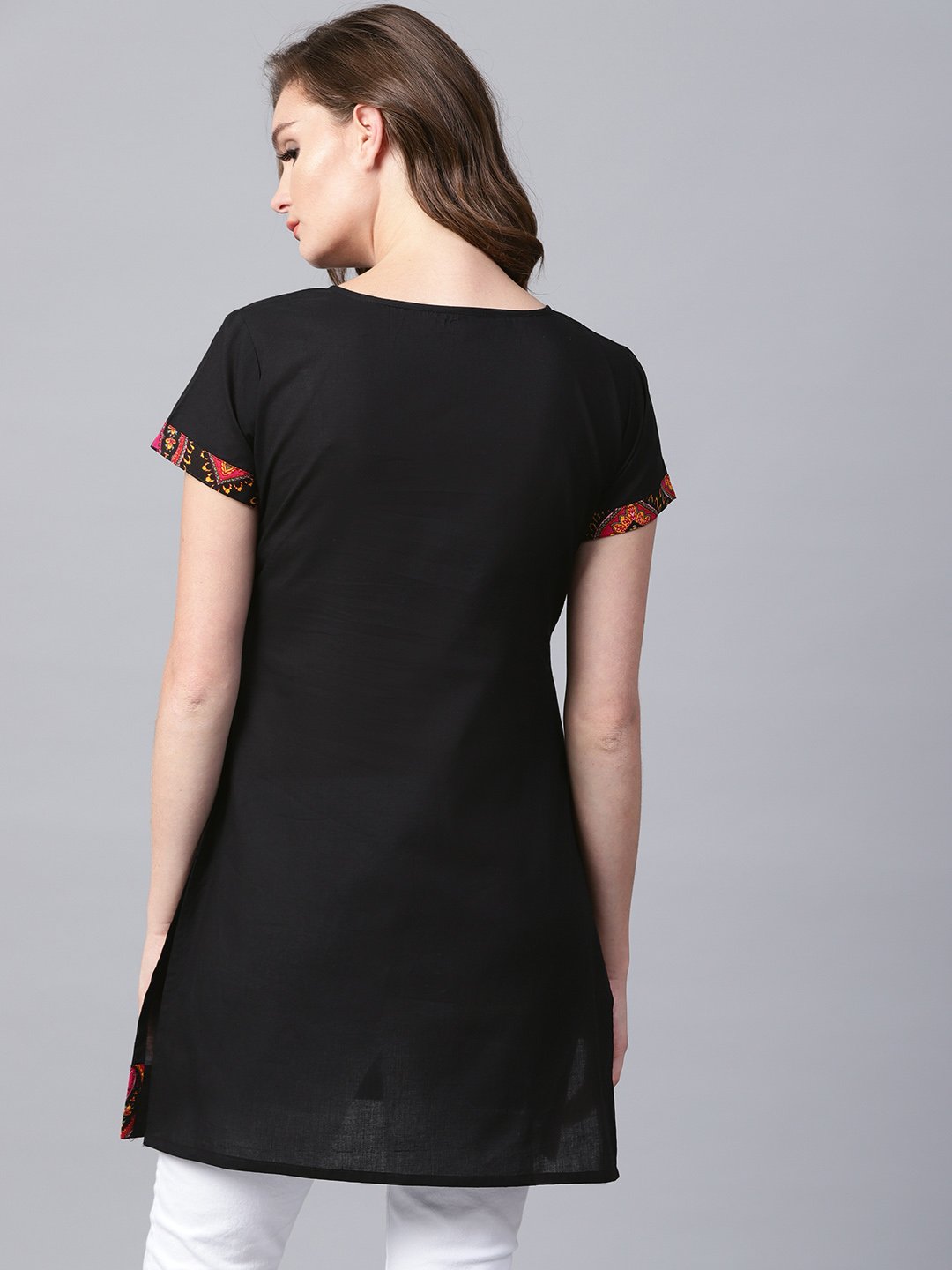 Black Yoke Printed Half Sleeve Cotton Tunic | LASVINI - Redefining Indian Fashion with Elegance