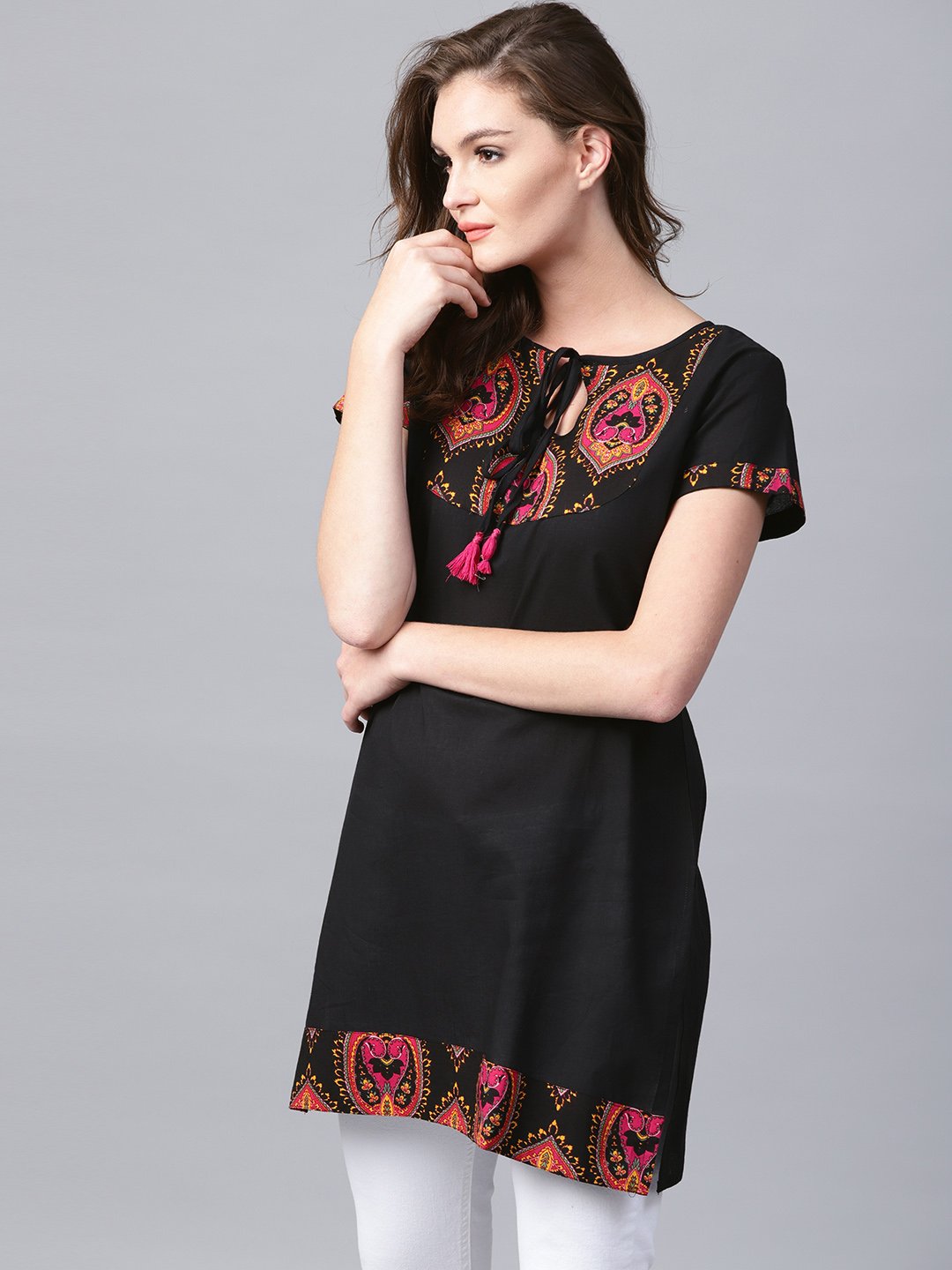 Black Yoke Printed Half Sleeve Cotton Tunic | LASVINI - Redefining Indian Fashion with Elegance
