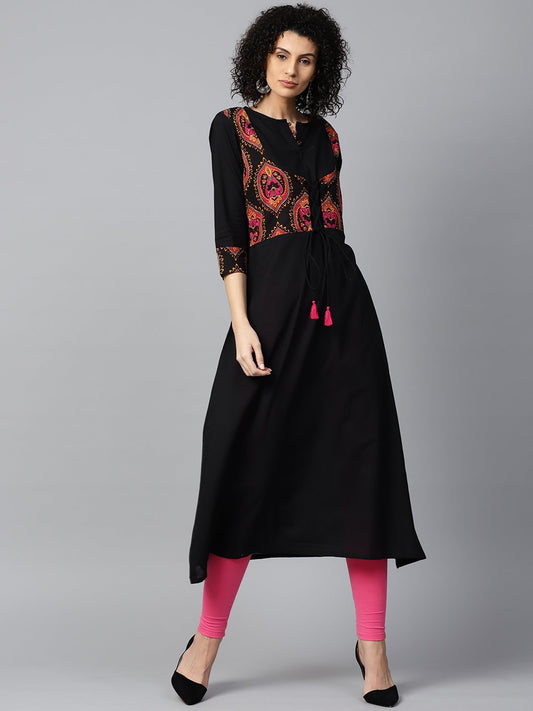 Black 3/4Th Sleeve Cotton Anarkali Kurta With Printed Jacket At Yoke | LASVINI - Redefining Indian Fashion with Elegance